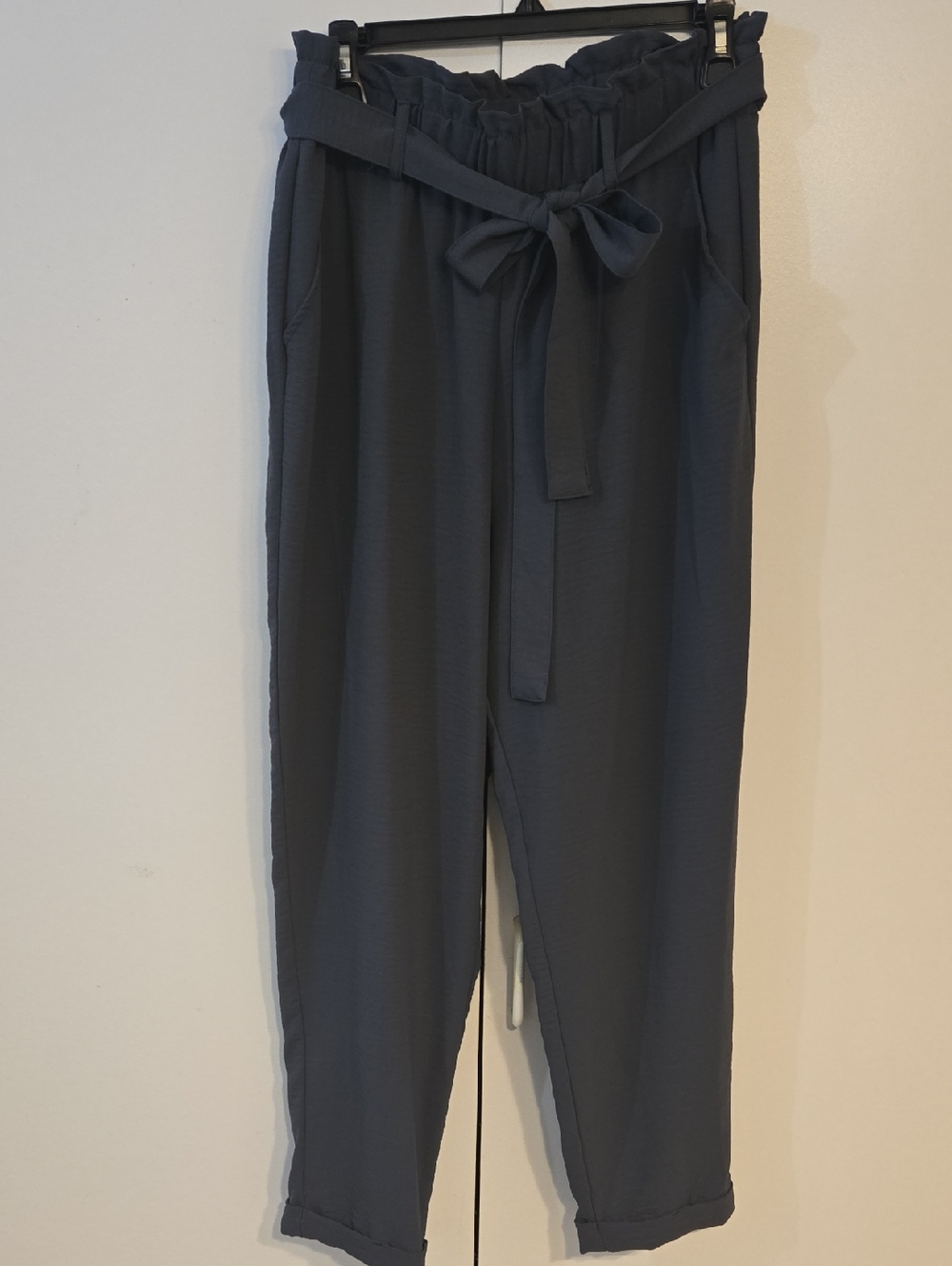 Paperbag Tie-Waist Trousers in Charcoal Gray